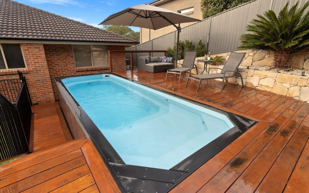 Closeup of express pools installed onto a wooden deck