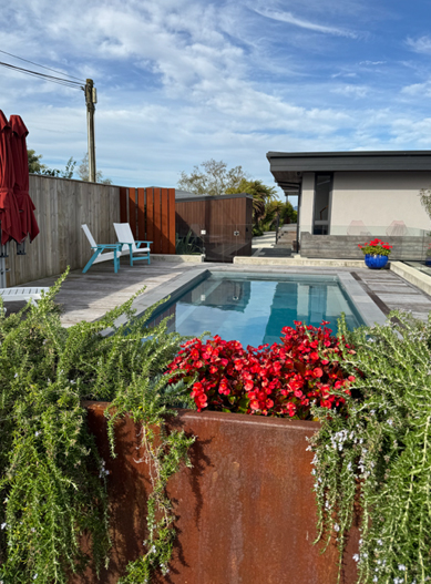 Pool fencing requirements shown around a small backyard pool with a raised planter in front