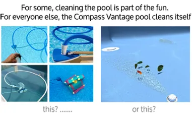 Comparison showing manual pool cleaning tools beside a self cleaning pool system removing leaves and debris from the pool floor