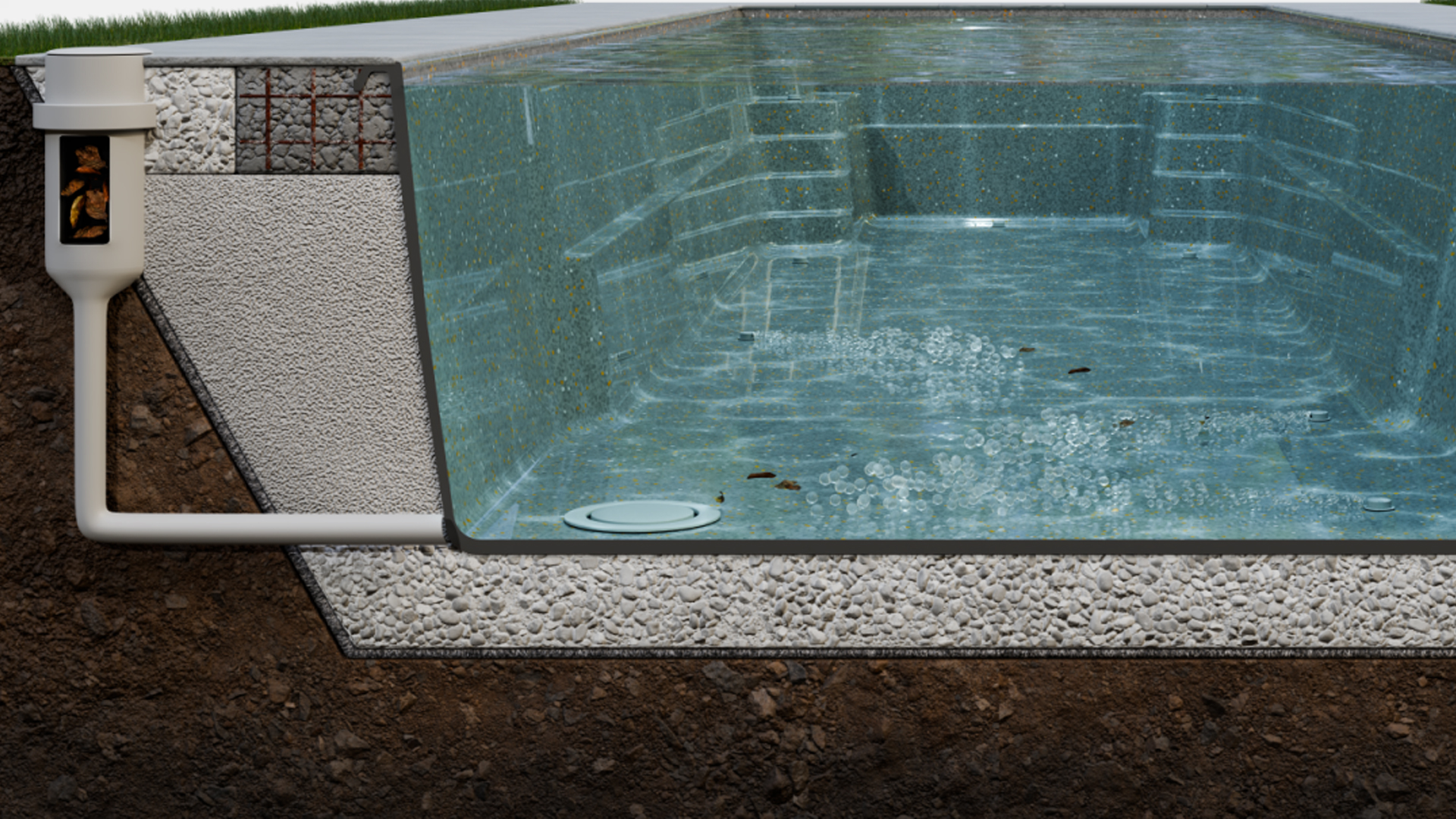 Cross-section of a self-cleaning pool system showing in-floor cleaning nozzles and debris moving across the pool floor
