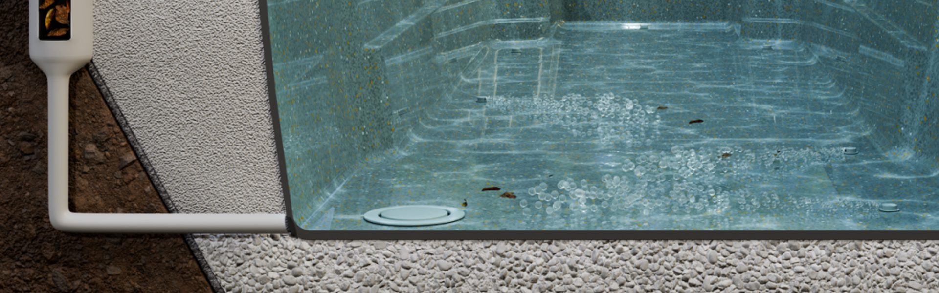 Cross-section of a self-cleaning pool system showing in-floor cleaning nozzles and debris moving across the pool floor